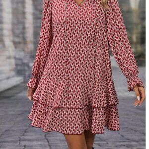 Allover Print Flare Sleeve Ruffle Hem Smock Dress